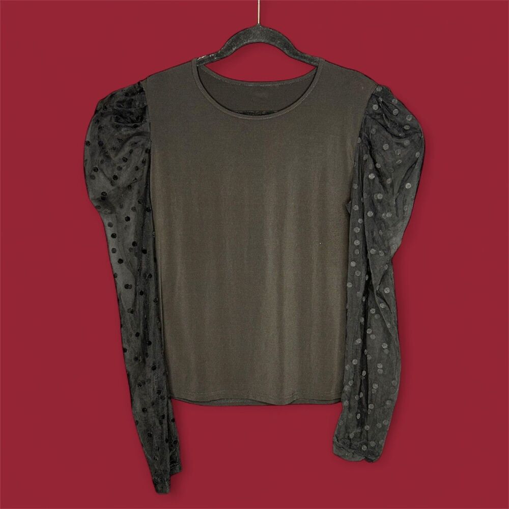 Womens Whimsigoth Black Blouse Sheer Polka Dot Puff Sleeve Grunge Sz M Coquette